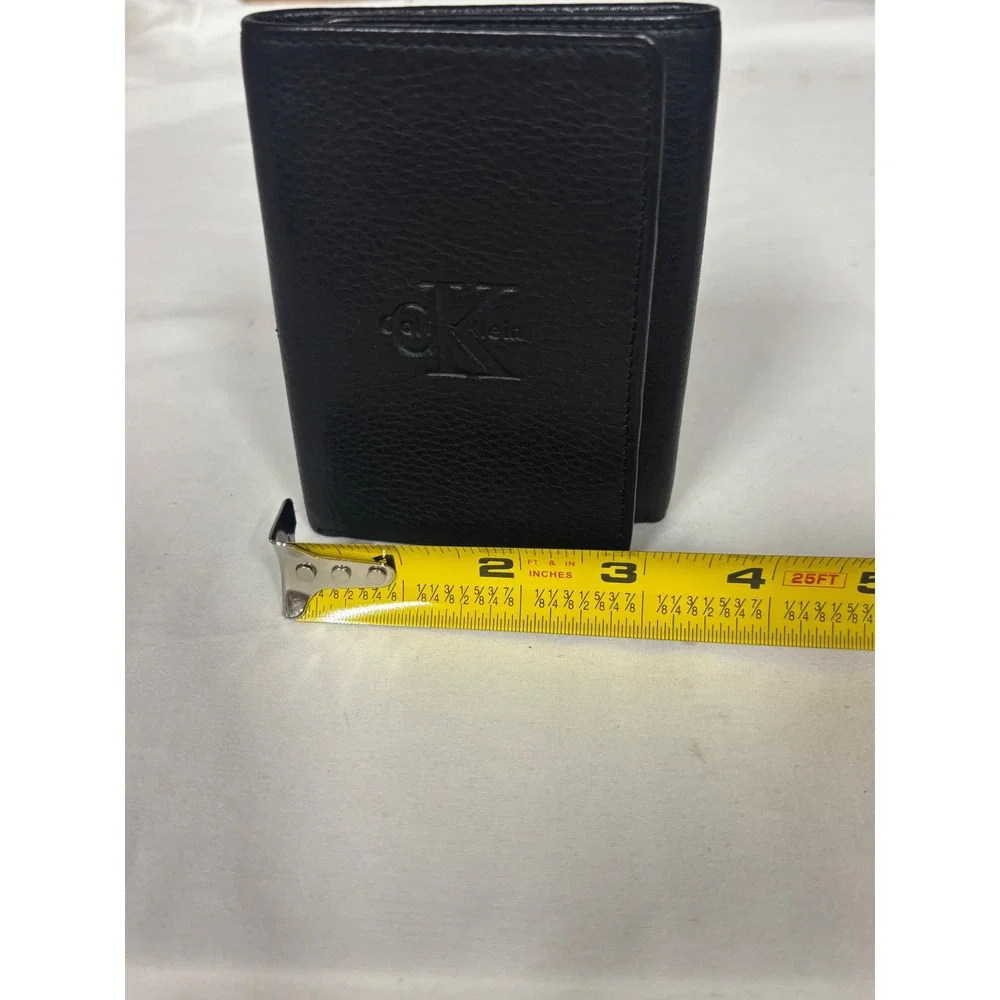 Calvin Klein Mens Black Pebbled Leather Trifold Wallet Embossed CK Logo
